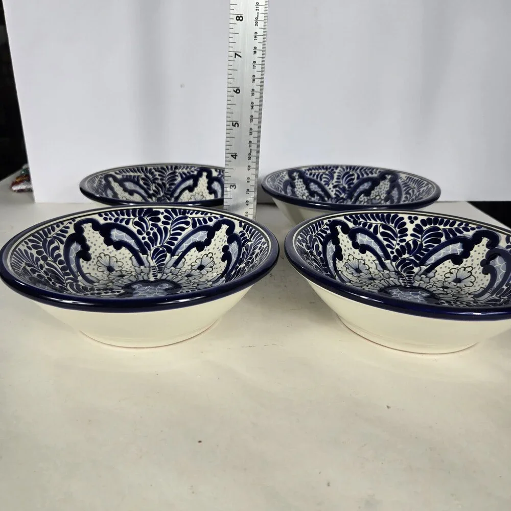 Set Of 4 Talavera Pottery Mexican Art Blue & White Soup Plate 2.5 X 7 Inches